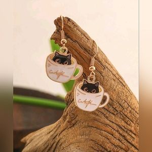 Dainty coffee cup, black cat earrings!
